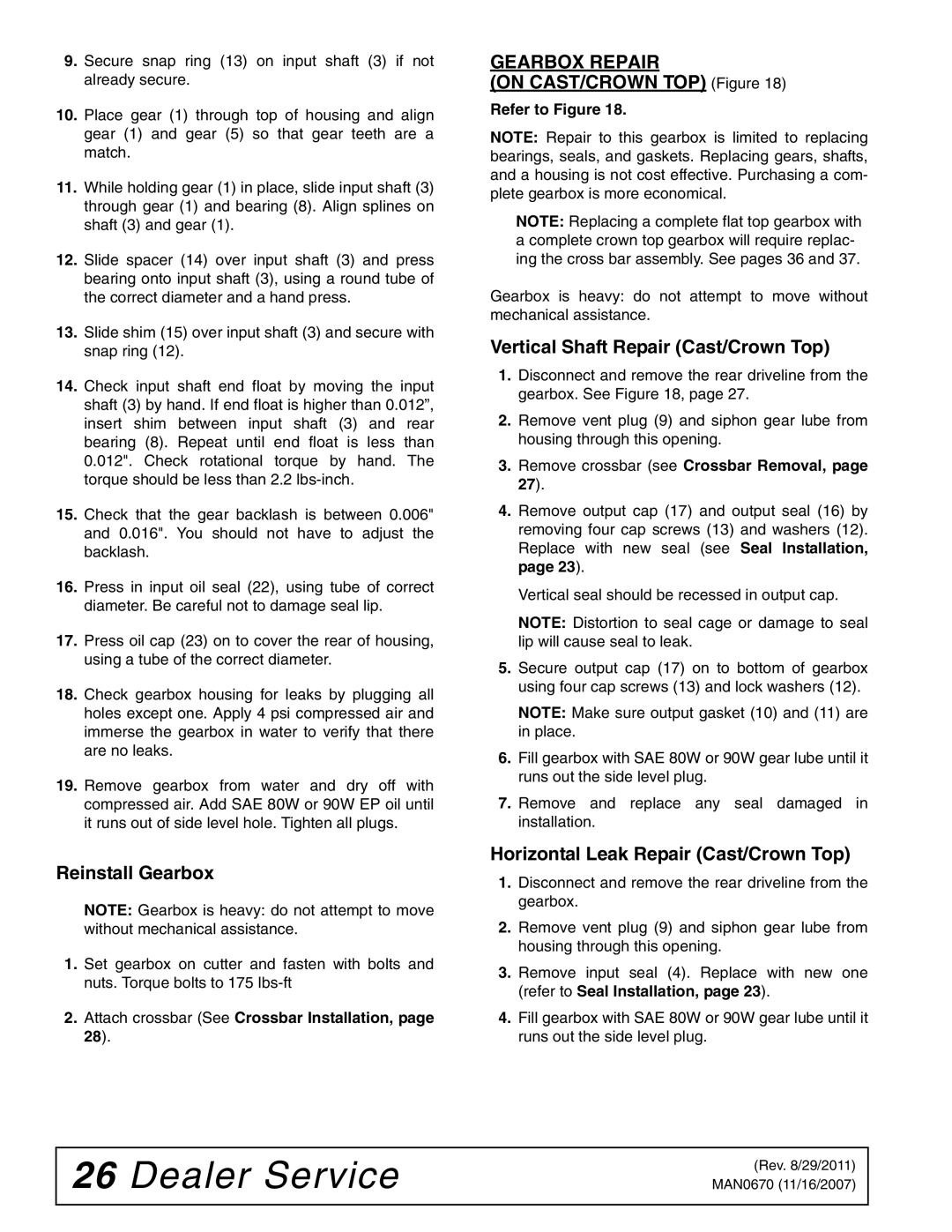 Woods Equipment HC72 Reinstall Gearbox, Gearbox Repair, On CAST/CROWN TOP Figure, Vertical Shaft Repair Cast/Crown Top 