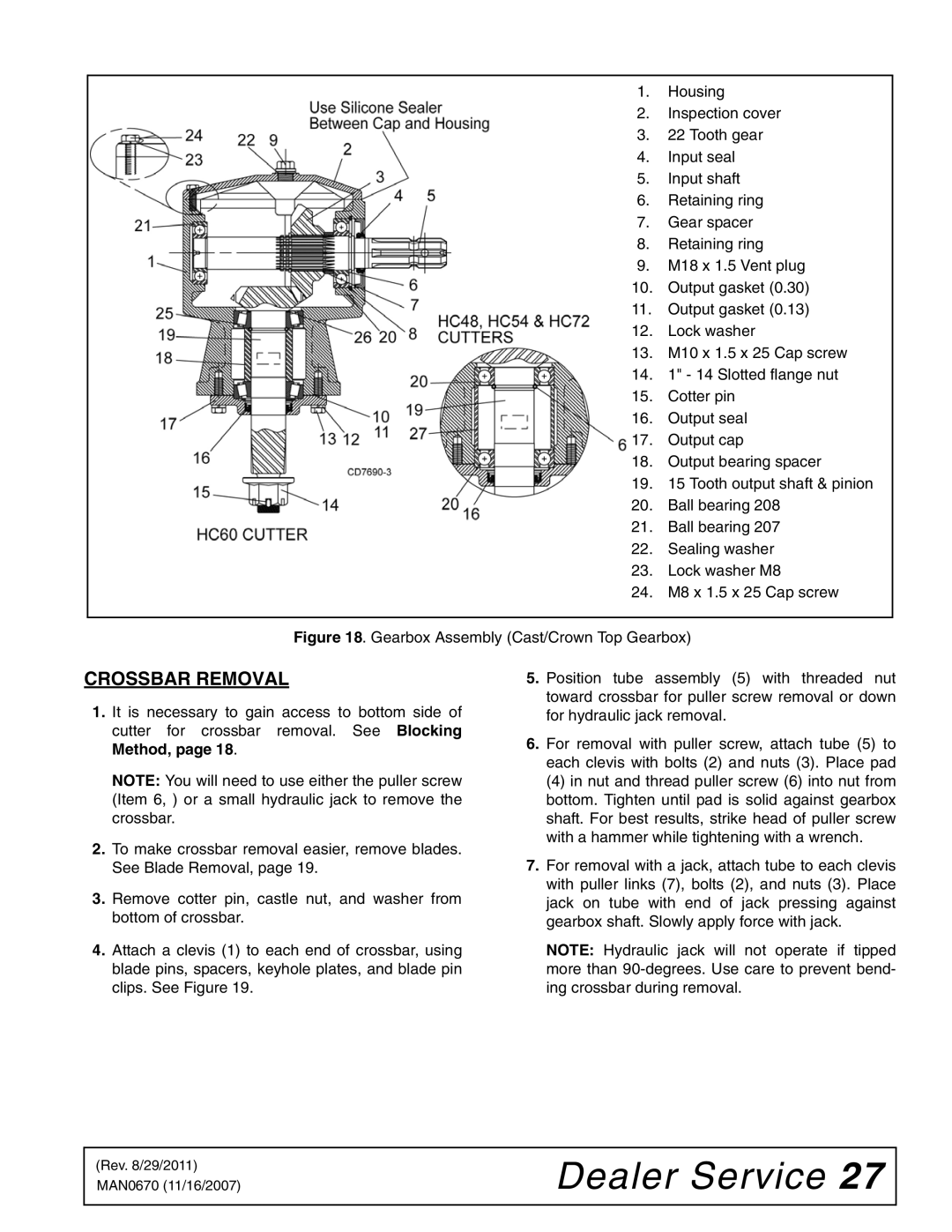 Woods Equipment HC60, HC54, HC48, HC72 manual Crossbar Removal, Gearbox Assembly Cast/Crown Top Gearbox 