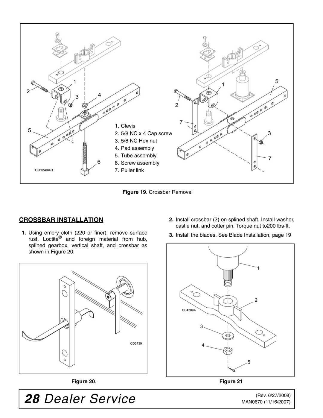 Woods Equipment HC54, HC48, HC72, HC60 manual Crossbar Installation, Crossbar Removal 