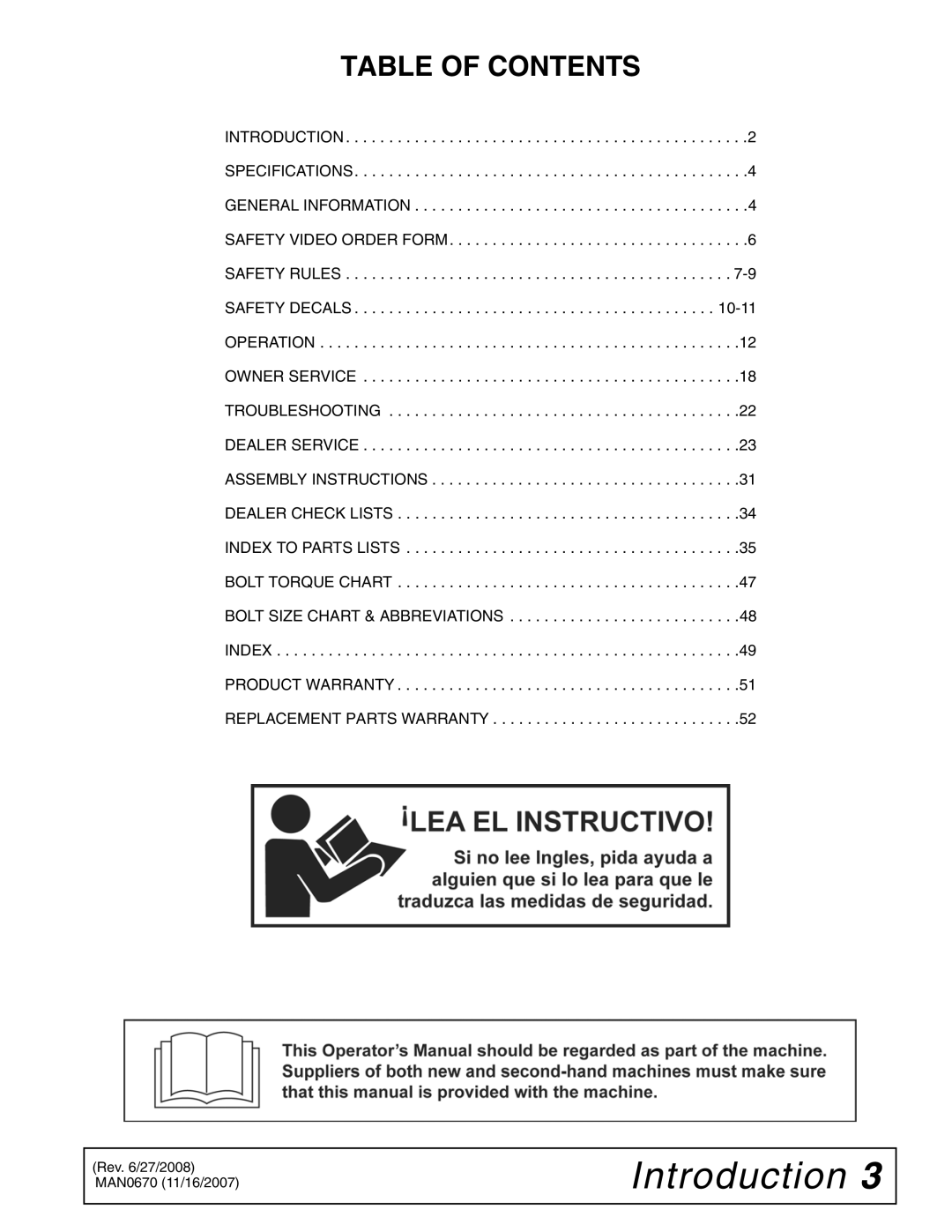 Woods Equipment HC60, HC54, HC48, HC72 manual Table of Contents 