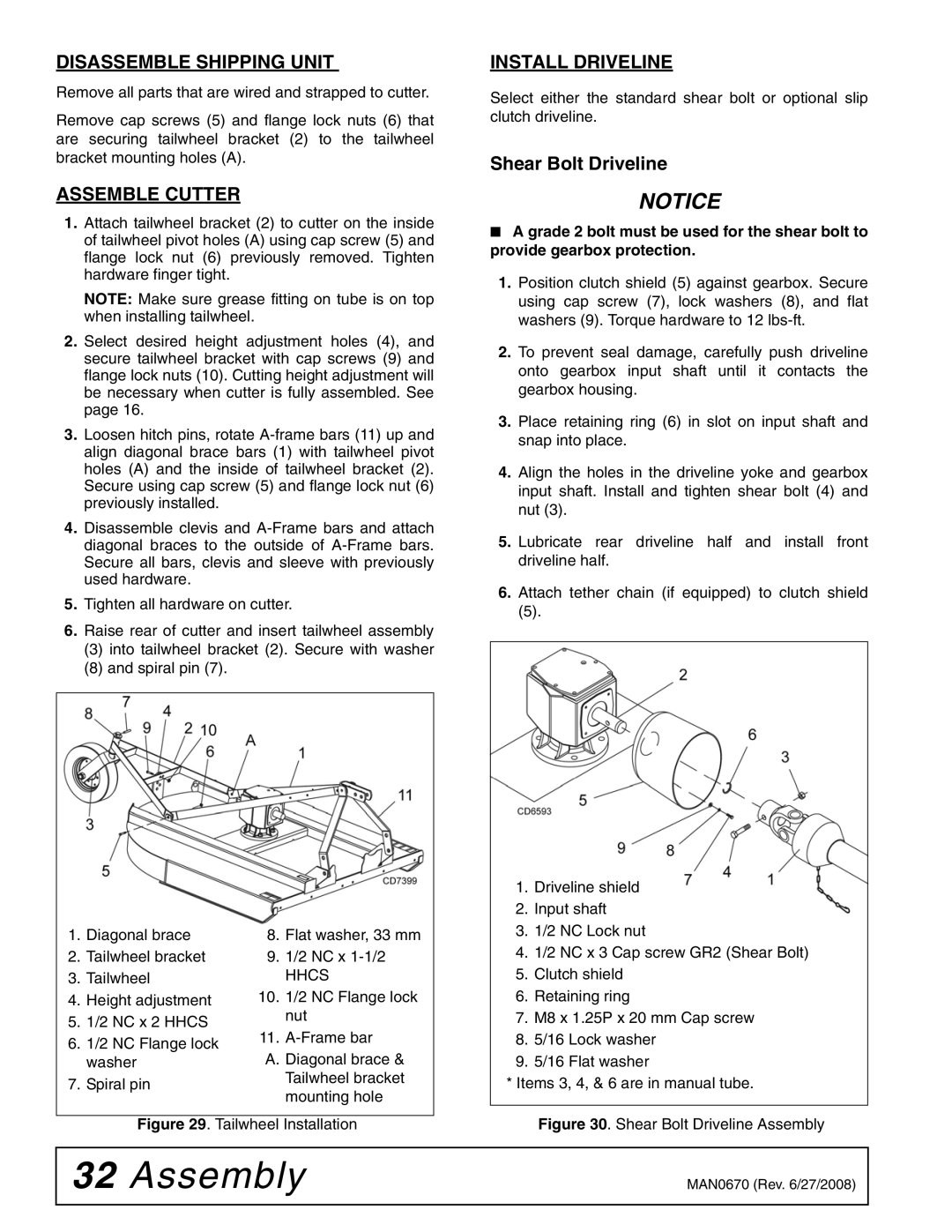 Woods Equipment HC54, HC48, HC72, HC60 Disassemble Shipping Unit, Assemble Cutter, Install Driveline, Shear Bolt Driveline 