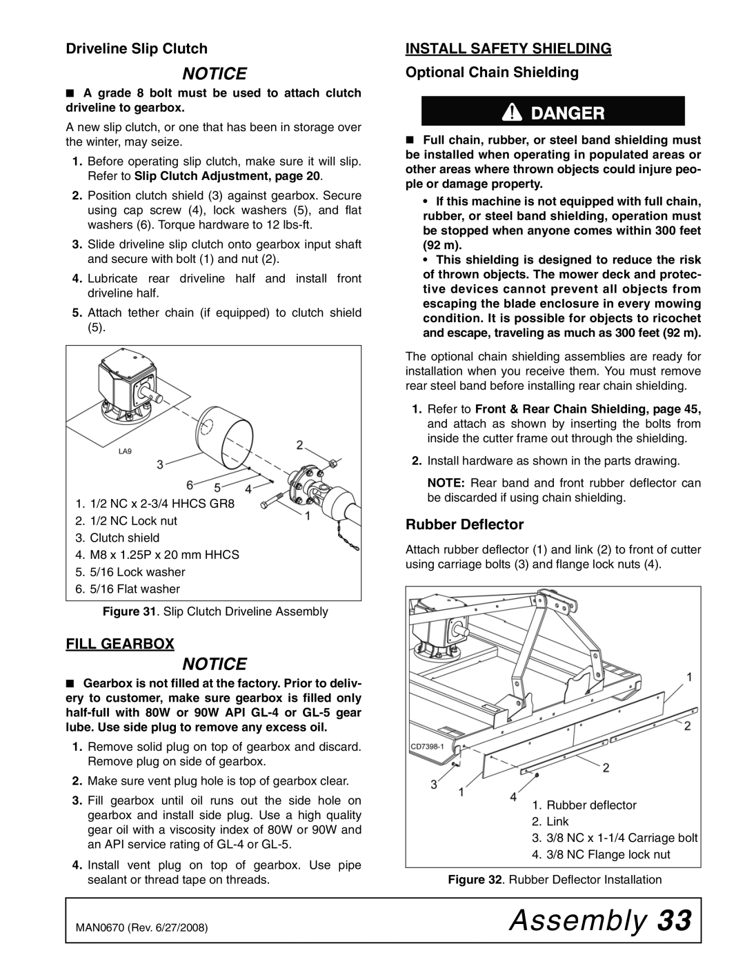 Woods Equipment HC48, HC54, HC72, HC60 manual Driveline Slip Clutch, Fill Gearbox, Install Safety Shielding, Rubber Deflector 
