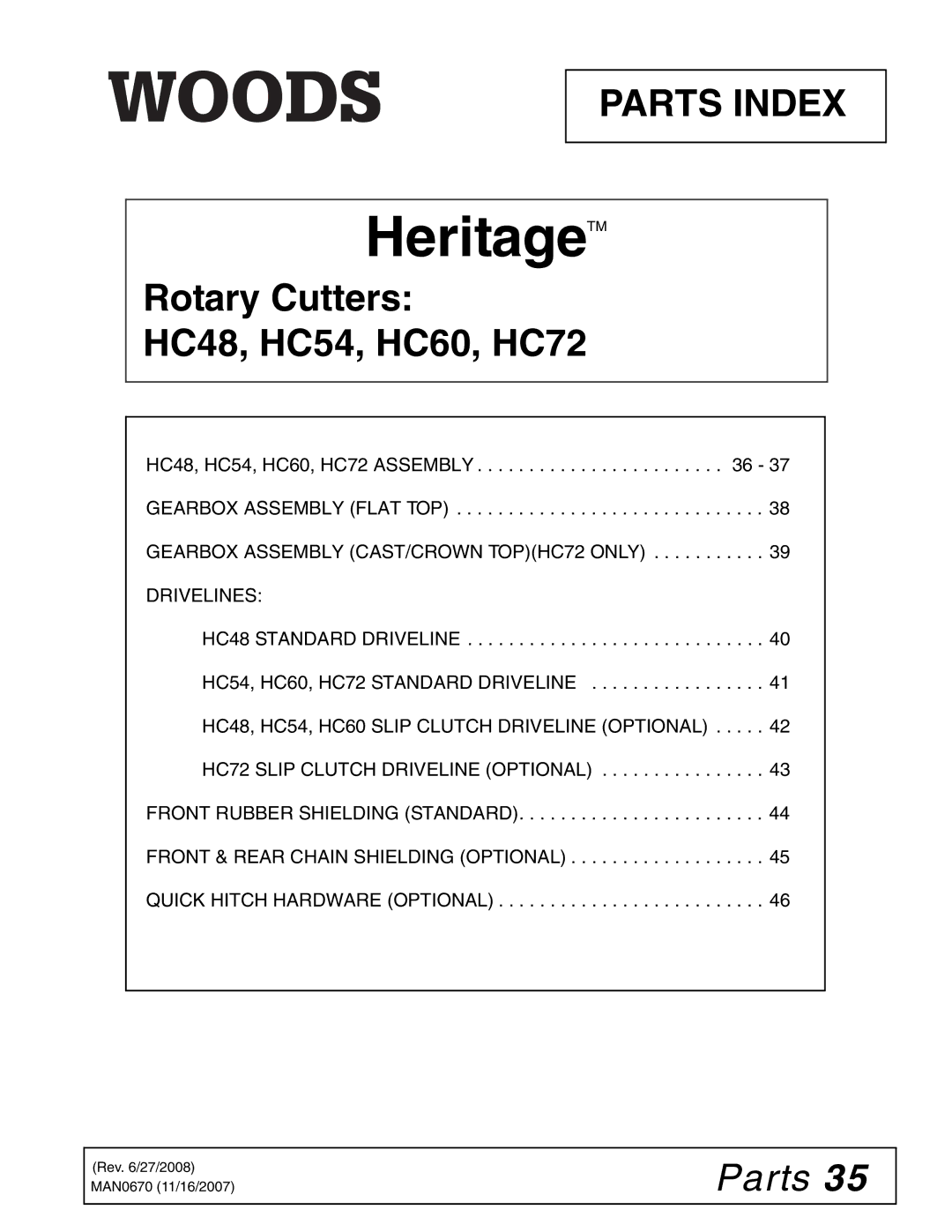 Woods Equipment HC60, HC54, HC48, HC72 manual HeritageTM, Parts 