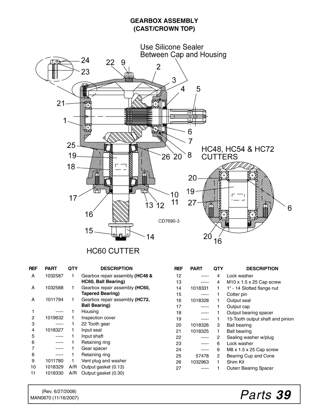 Woods Equipment HC60, HC54, HC48, HC72 manual Gearbox Assembly CAST/CROWN TOP, Ball Bearing 