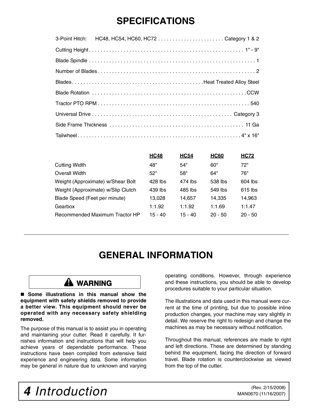 Woods Equipment HC54, HC48, HC72, HC60 manual Specifications, General Information 