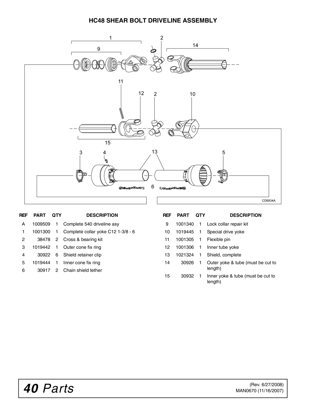 Woods Equipment HC54, HC72, HC60 manual HC48 Shear Bolt Driveline Assembly 