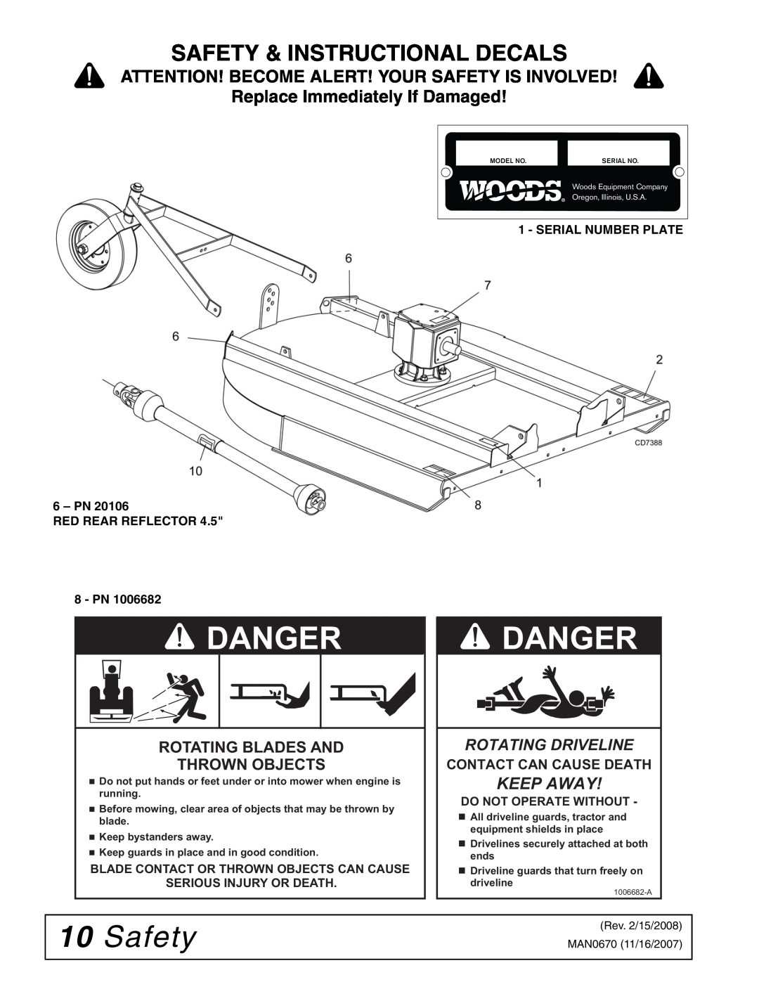 Woods Equipment HC72 10Safety, Safety & Instructional Decals, Danger, Attention! Become Alert! Your Safety Is Involved 