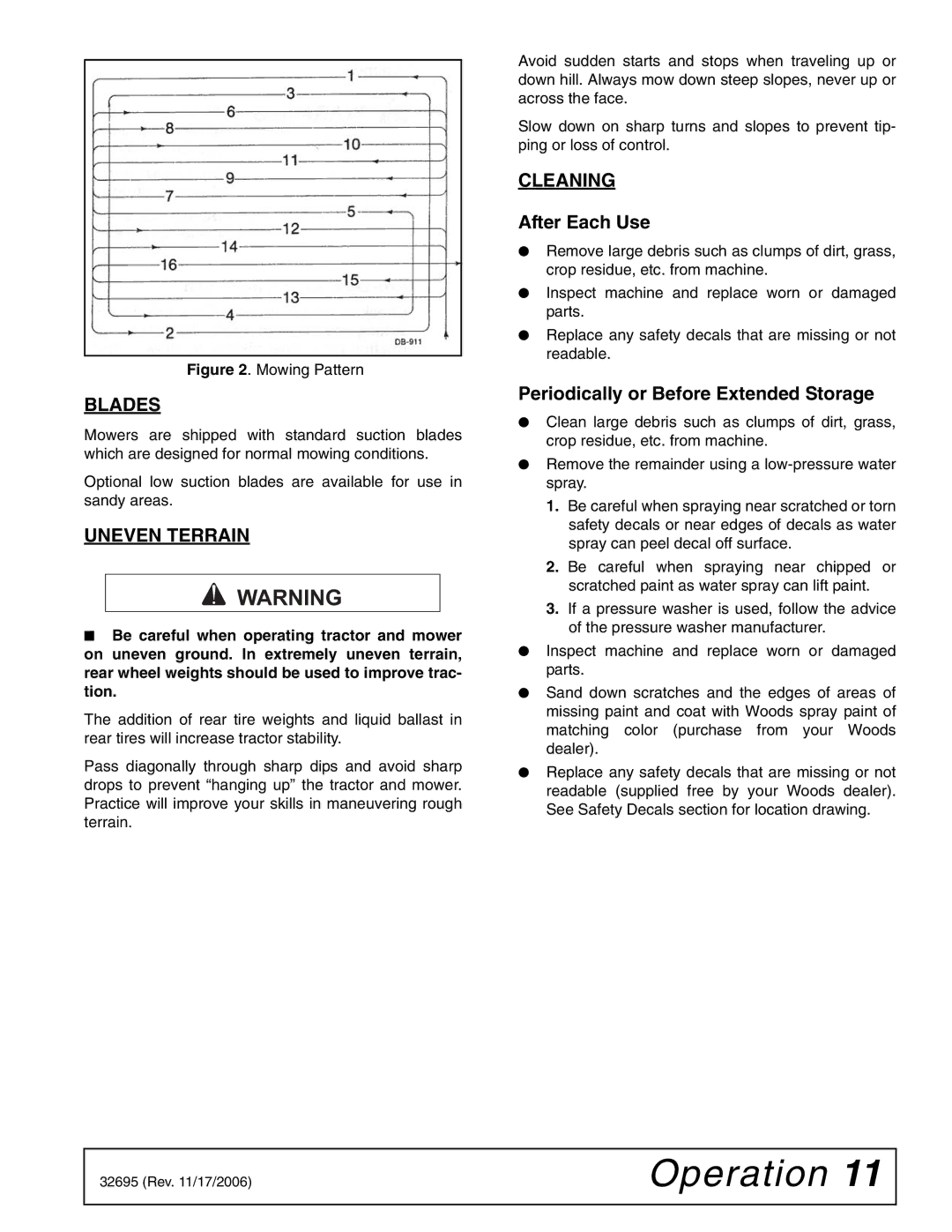 Woods Equipment L306 K50 manual Blades, Uneven Terrain, Cleaning, After Each Use, Periodically or Before Extended Storage 
