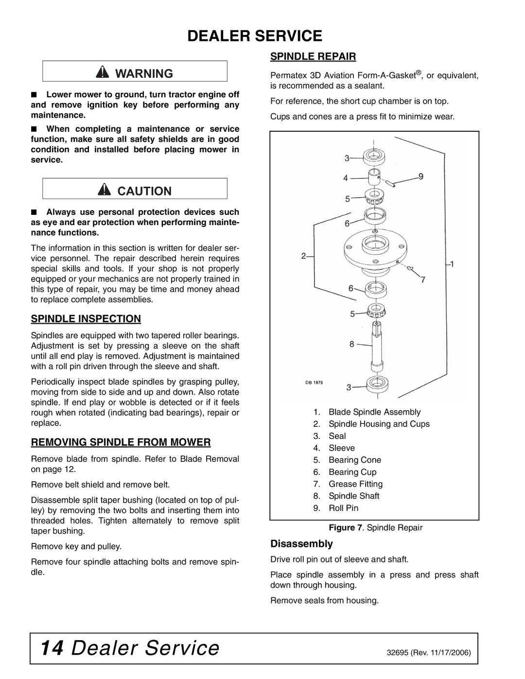 Woods Equipment L306 K50 manual Dealer Service, Spindle Inspection, Removing Spindle from Mower, Spindle Repair 