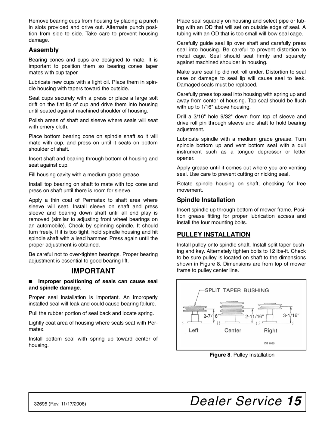 Woods Equipment L306 K50 manual Assembly, Spindle Installation, Pulley Installation 