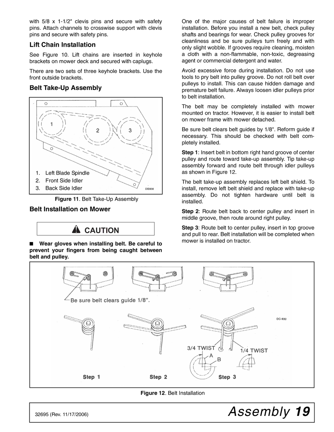 Woods Equipment L306 K50 manual Lift Chain Installation, Belt Take-Up Assembly, Belt Installation on Mower 