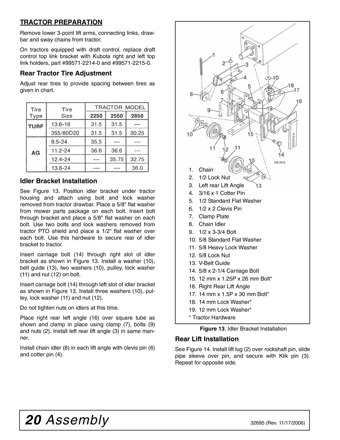 Woods Equipment L306 K50 manual Tractor Preparation, Rear Tractor Tire Adjustment, Idler Bracket Installation 