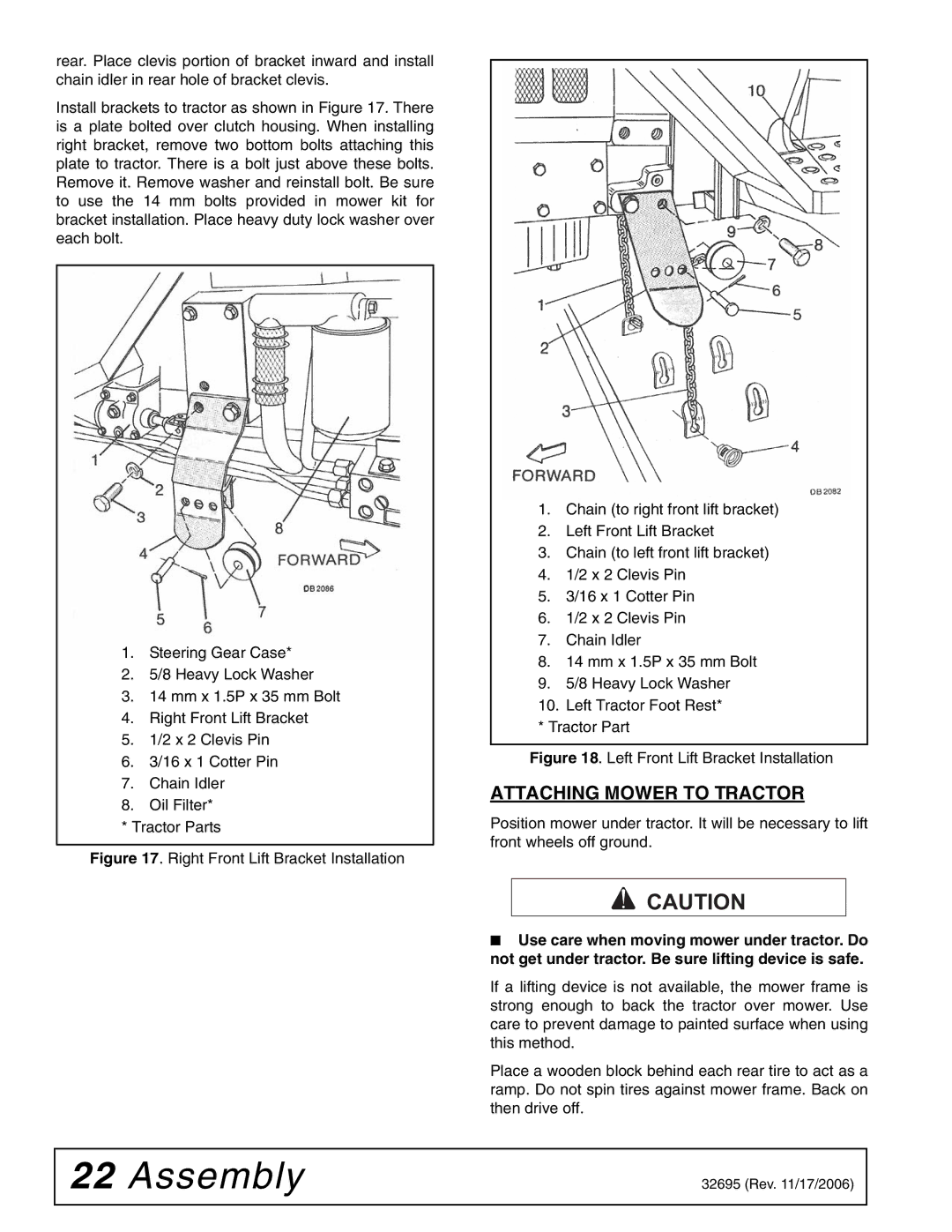 Woods Equipment L306 K50 manual Attaching Mower to Tractor, Left Front Lift Bracket Installation 