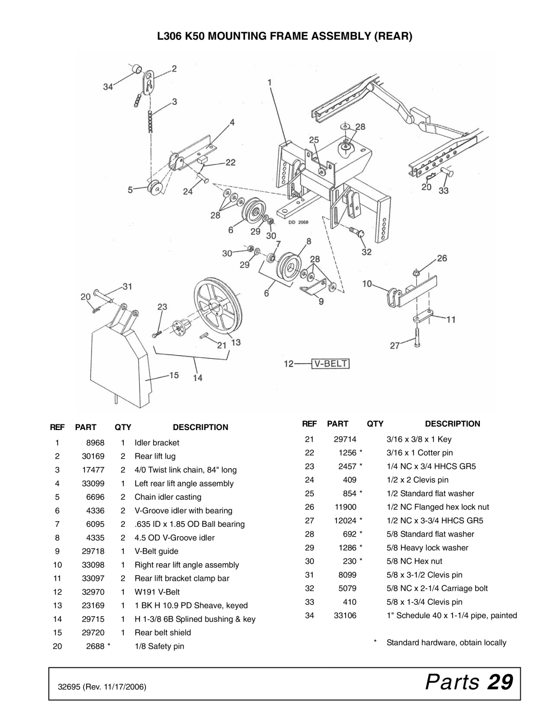 Woods Equipment manual L306 K50 Mounting Frame Assembly Rear, 29714 16 x 3/8 x 1 Key 