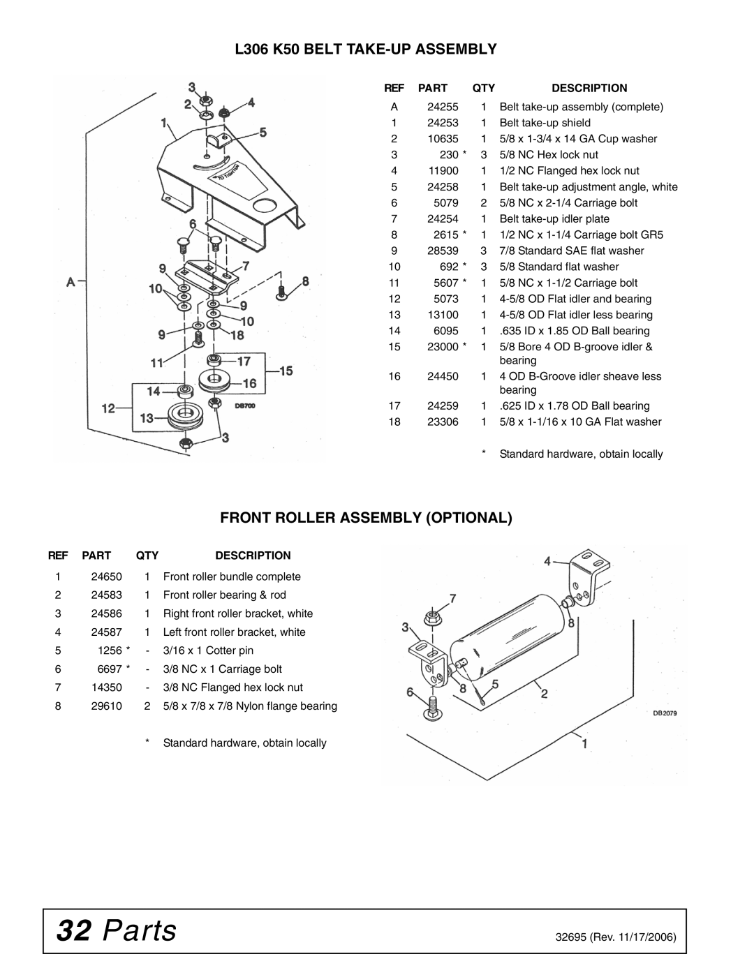 Woods Equipment manual L306 K50 Belt TAKE-UP Assembly, Front Roller Assembly Optional 