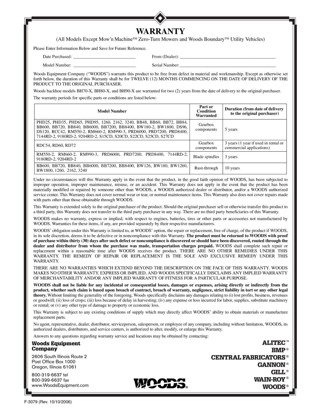 Woods Equipment L306 K50 manual Warranty 