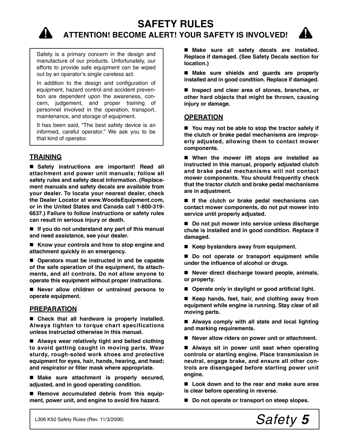 Woods Equipment L306 K50 manual Safety Rules, Training, Preparation, Operation 