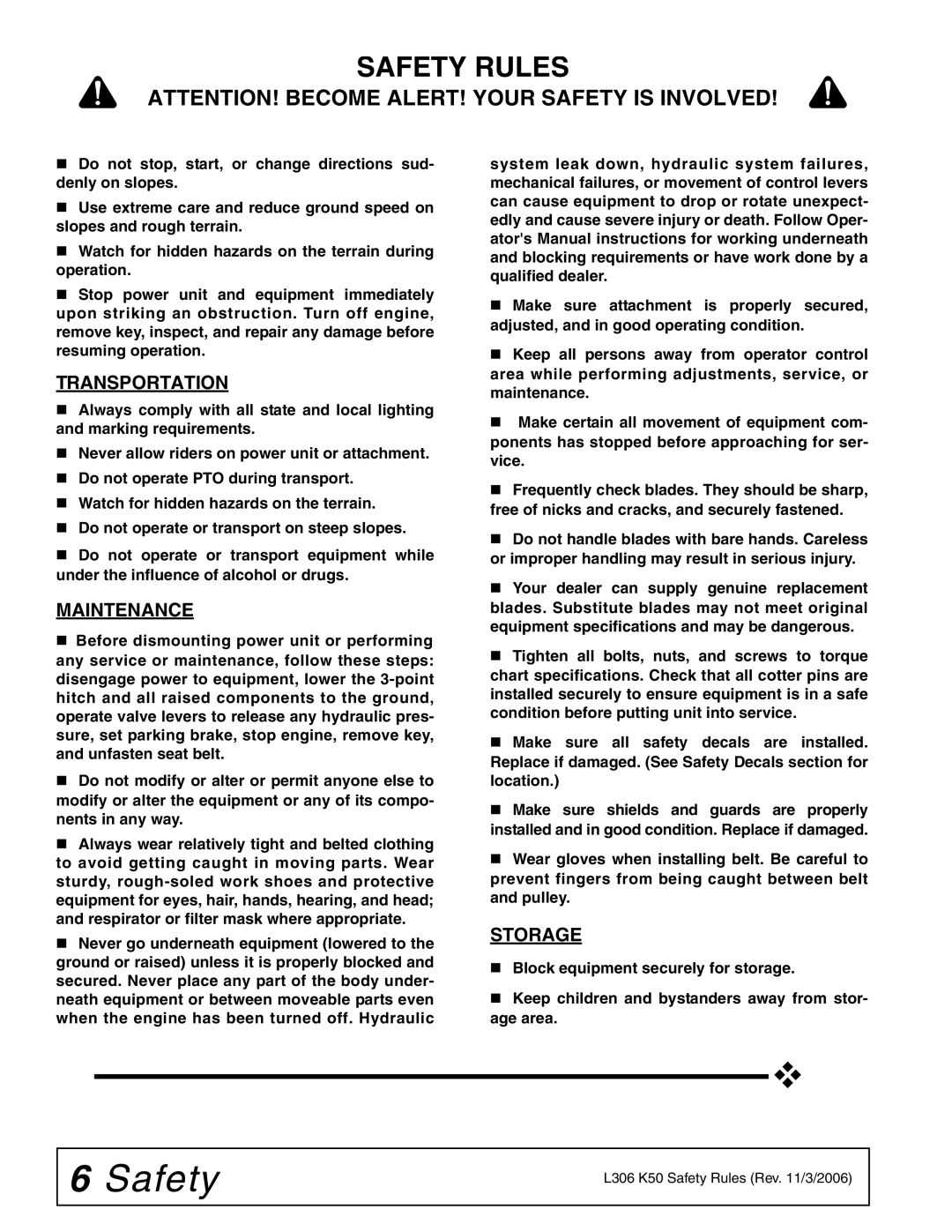 Woods Equipment L306 K50 manual Transportation, Maintenance, Storage 