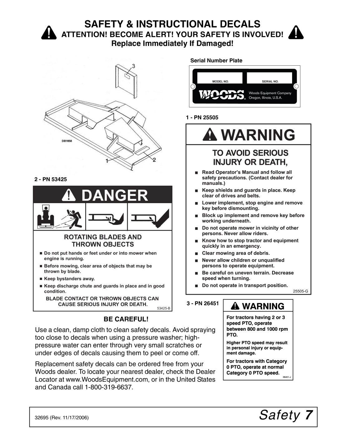 Woods Equipment L306 K50 manual Safety & Instructional Decals, Be Careful 