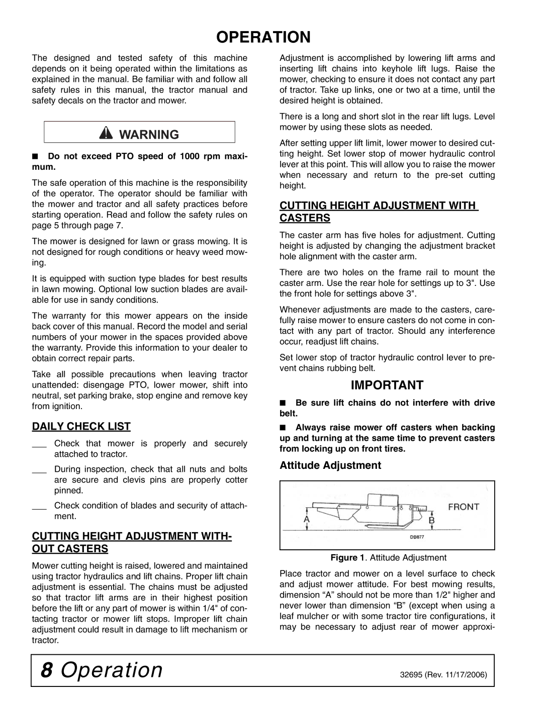 Woods Equipment L306 K50 manual Operation, Daily Check List, Cutting Height Adjustment WITH- OUT Casters 