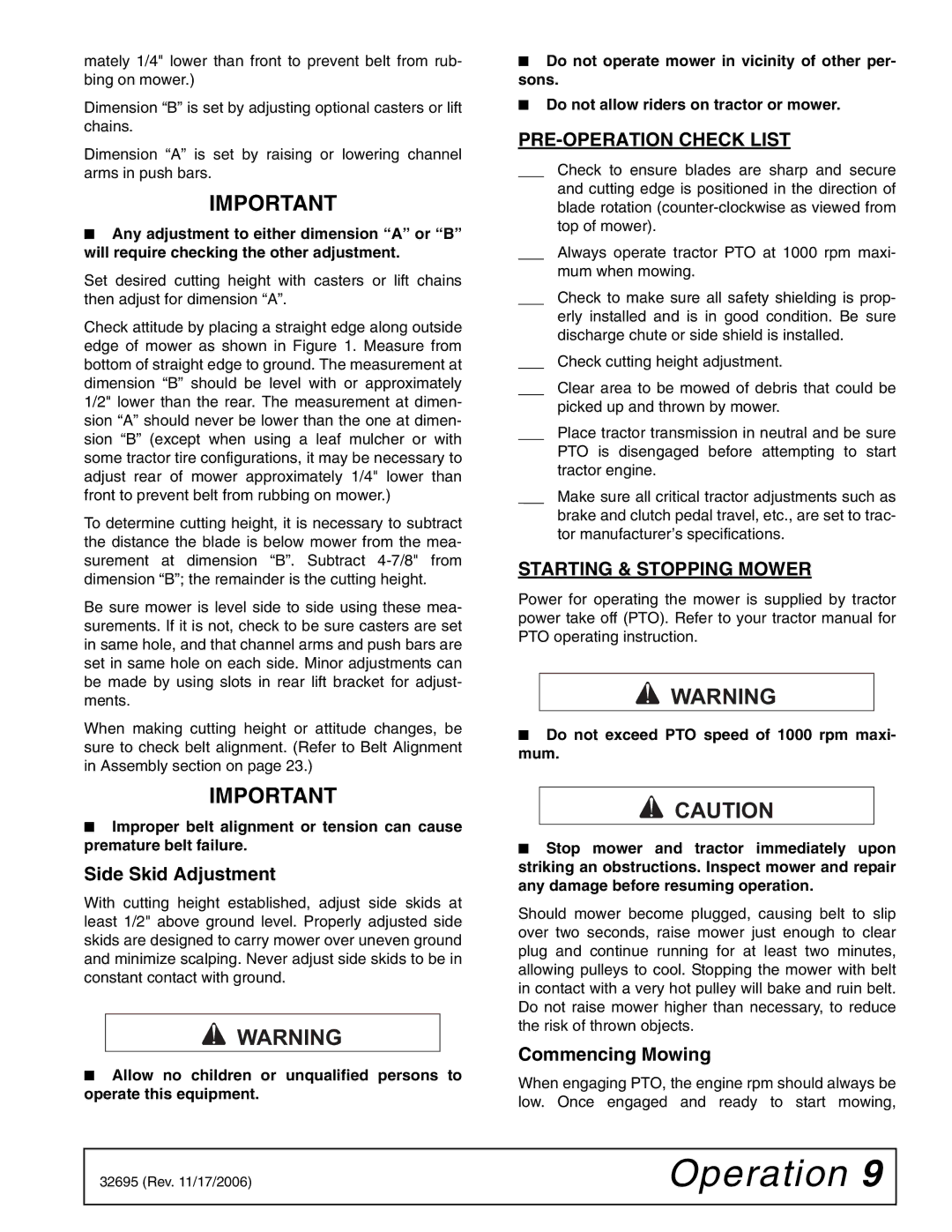 Woods Equipment L306 K50 Side Skid Adjustment, PRE-OPERATION Check List, Starting & Stopping Mower, Commencing Mowing 