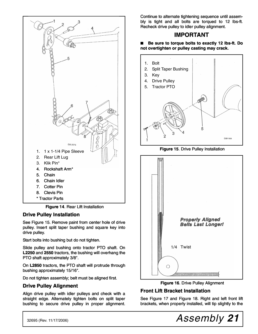Woods Equipment L306 K50 Drive Pulley Installation, Drive Pulley Alignment, Front Lift Bracket Installation, Assembly 
