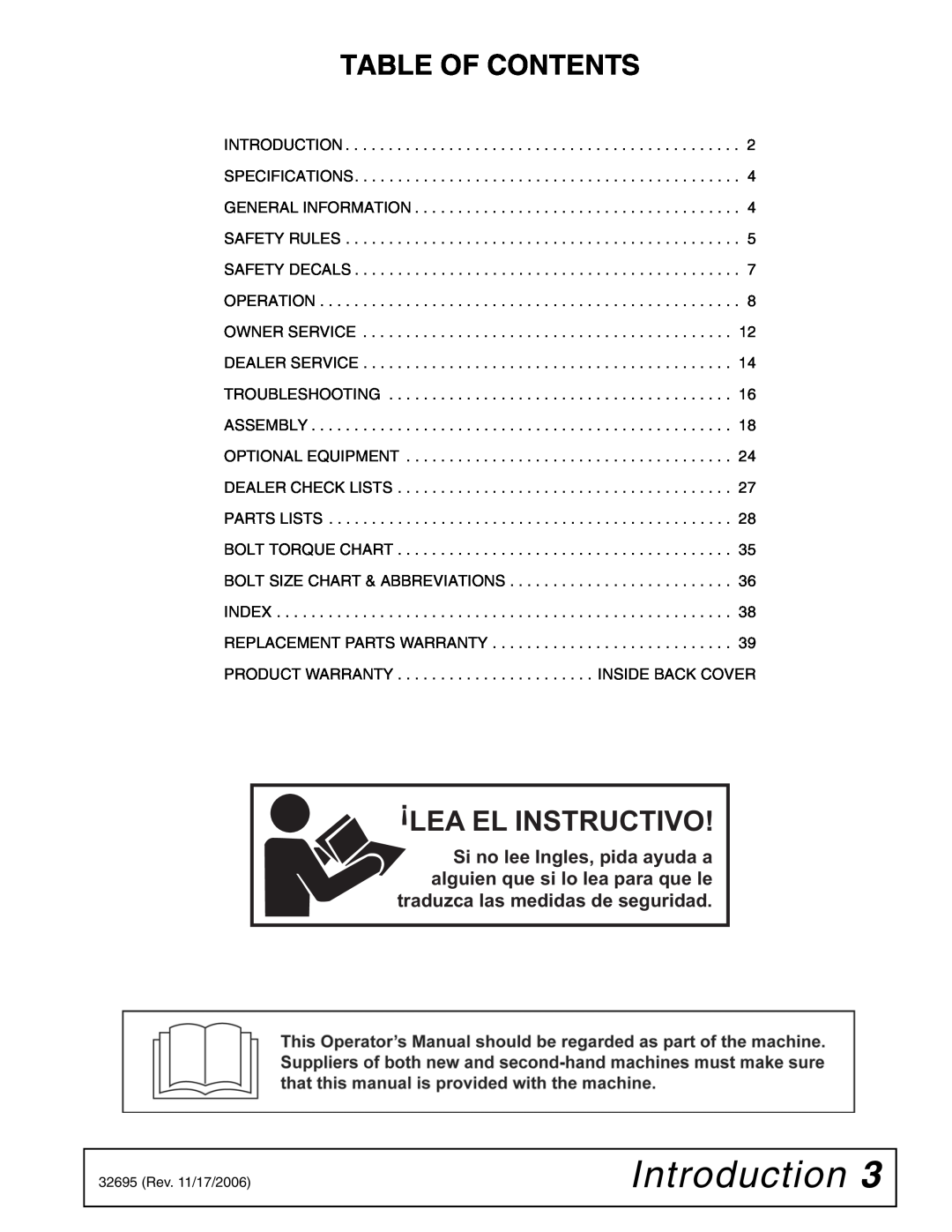 Woods Equipment L306 K50 manual Introduction, Table Of Contents, Lea El Instructivo 