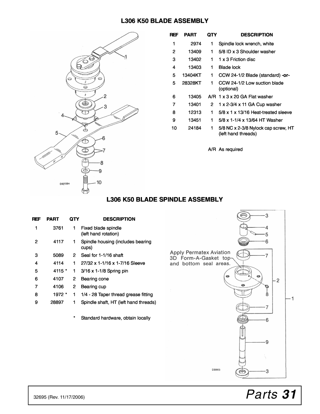 Woods Equipment manual L306 K50 BLADE ASSEMBLY, Parts, L306 K50 BLADE SPINDLE ASSEMBLY 