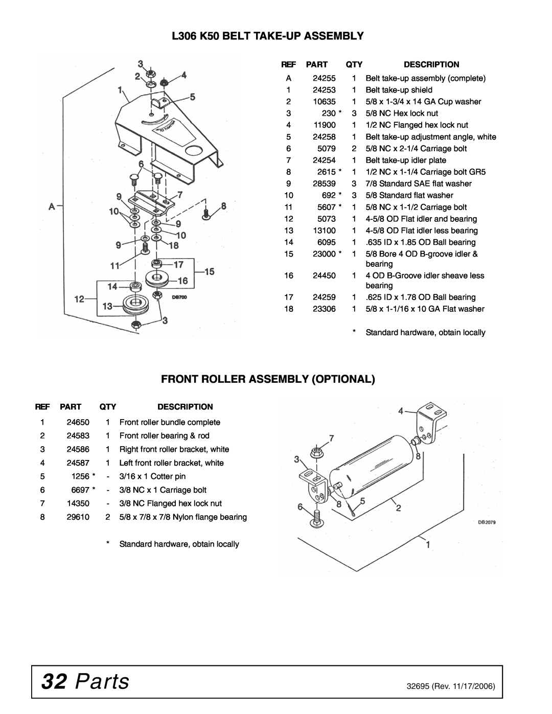 Woods Equipment manual Parts, L306 K50 BELT TAKE-UPASSEMBLY, Front Roller Assembly Optional 