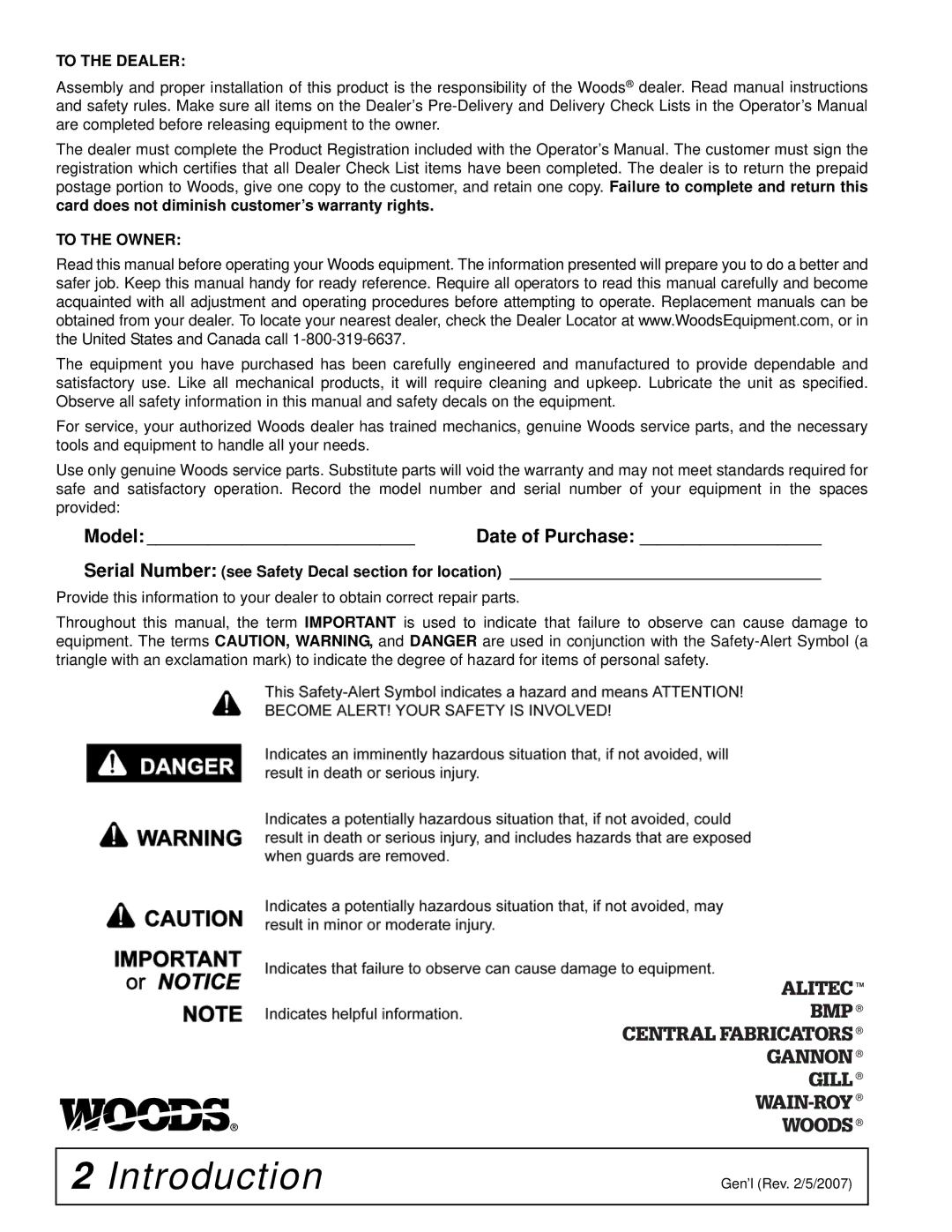 Woods Equipment L36, L59 manual Introduction, To the Dealer 