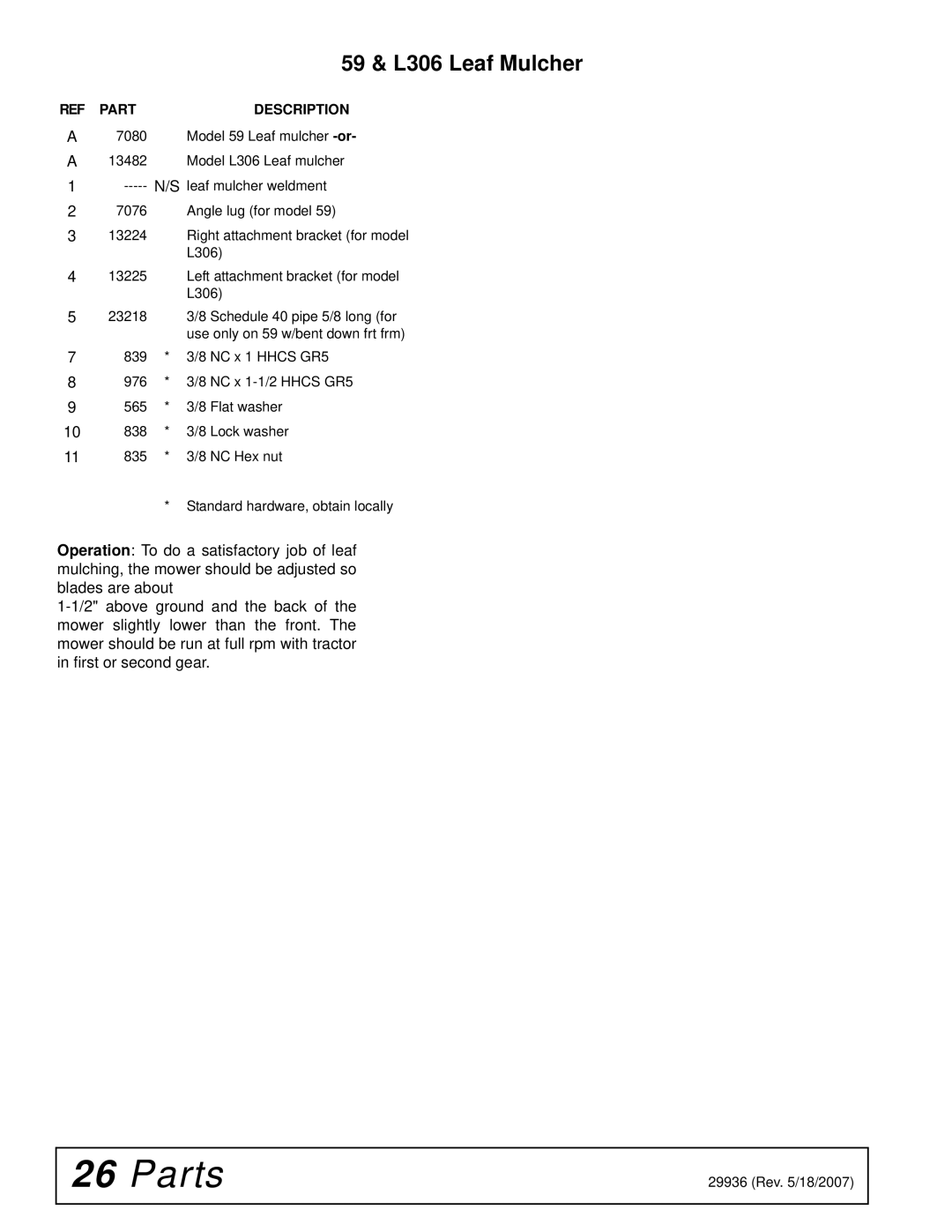Woods Equipment L36, L59 manual 59 & L306 Leaf Mulcher, REF Part Description 