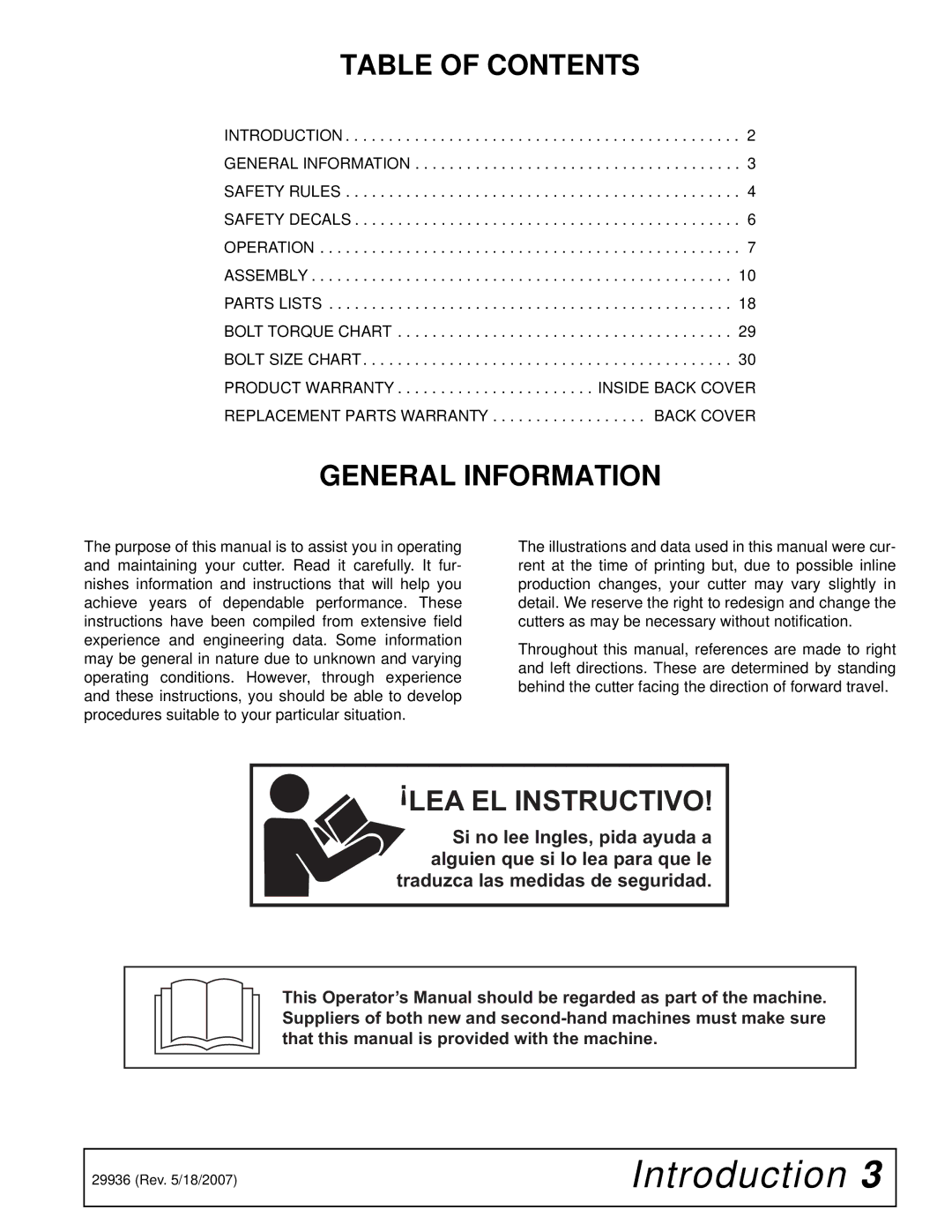 Woods Equipment L59, L36 manual Table of Contents, General Information 