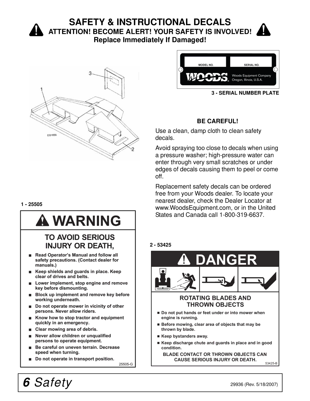 Woods Equipment L36, L59 manual Safety & Instructional Decals, Replace Immediately If Damaged, Be Careful 