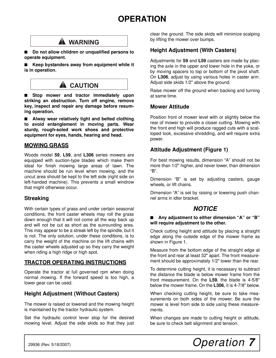 Woods Equipment L59, L36 manual Operation, Mowing Grass, Tractor Operating Instructions 