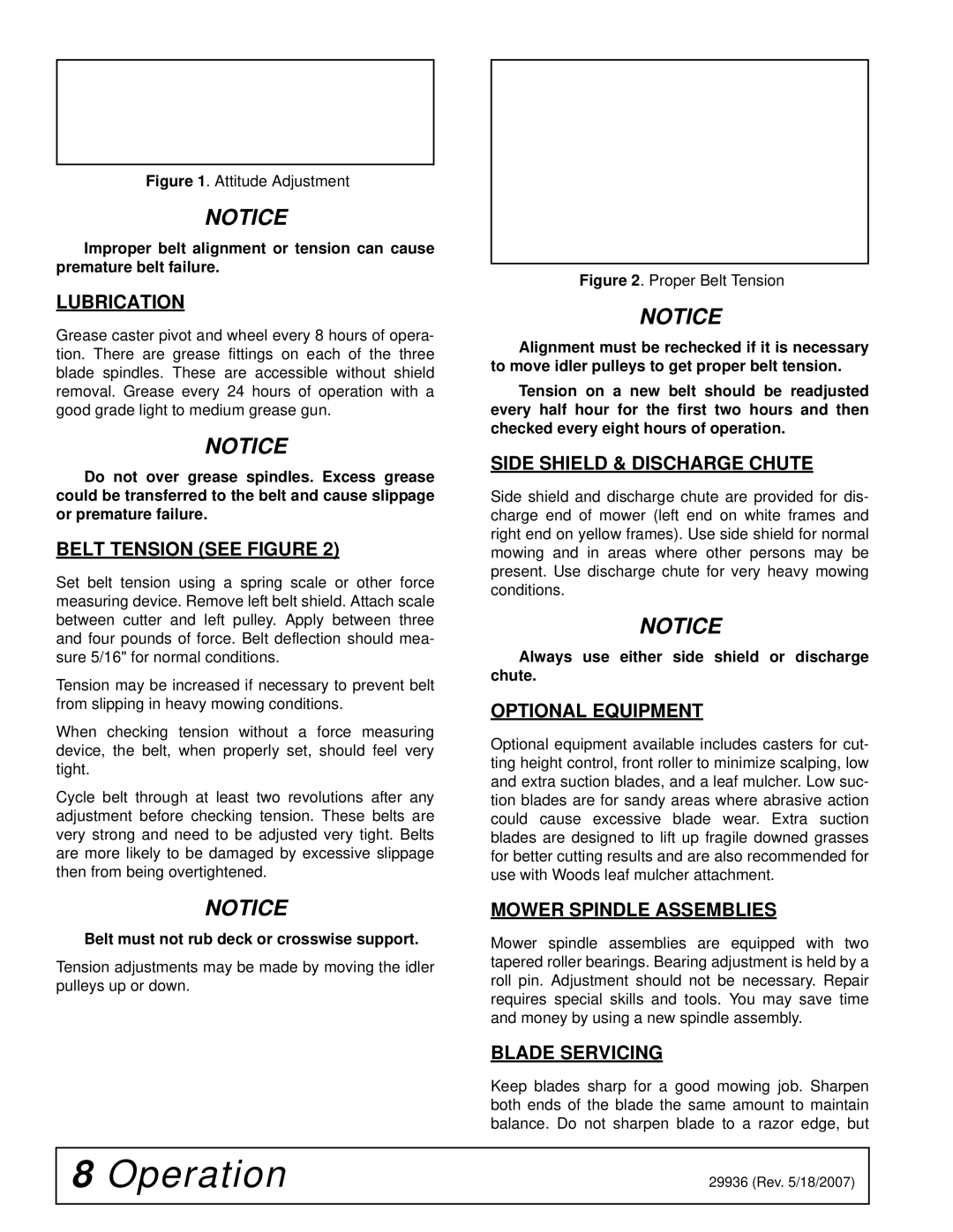 Woods Equipment L36, L59 manual Lubrication, Belt Tension see Figure, Side Shield & Discharge Chute, Optional Equipment 