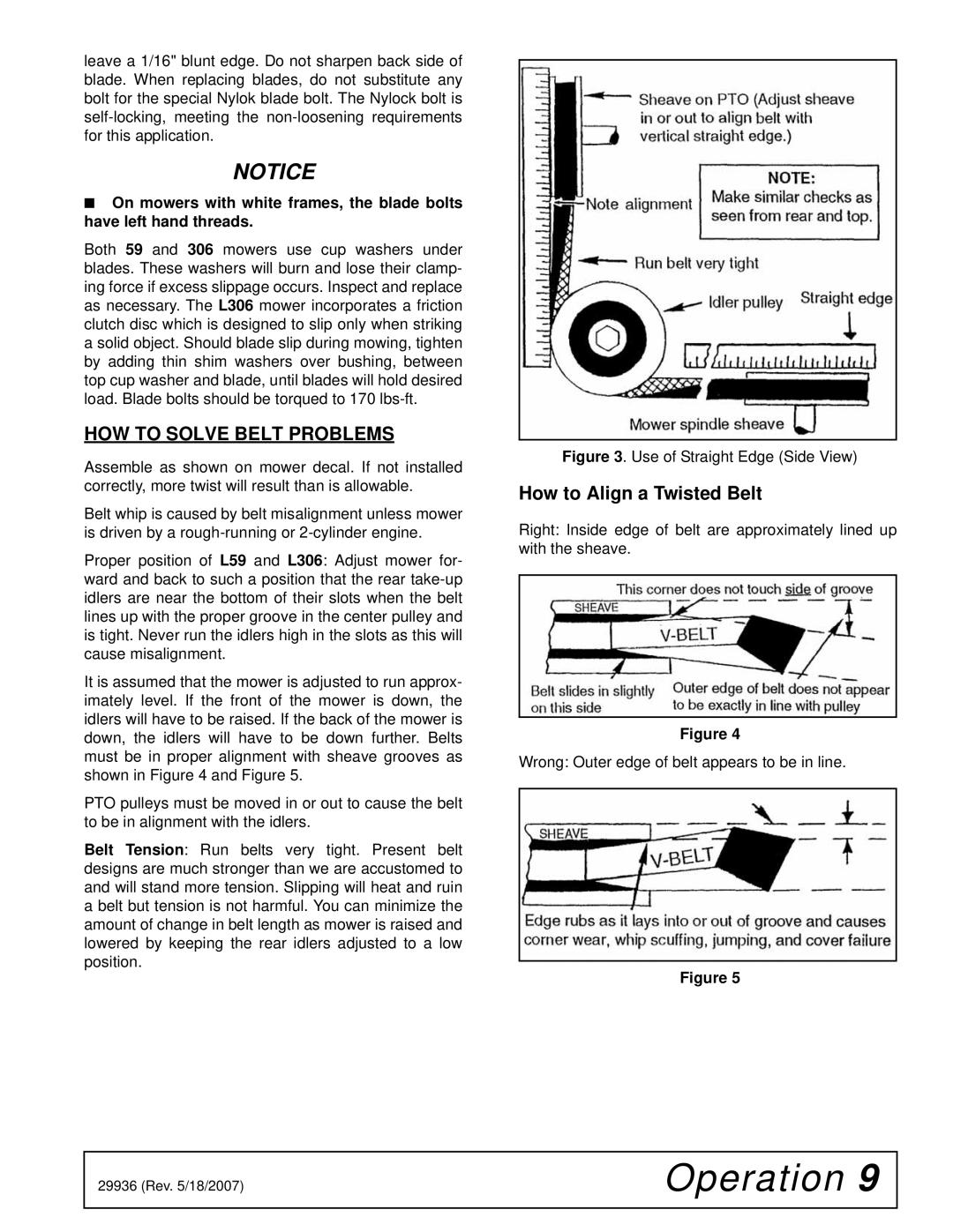 Woods Equipment L59, L36 manual HOW to Solve Belt Problems, How to Align a Twisted Belt 