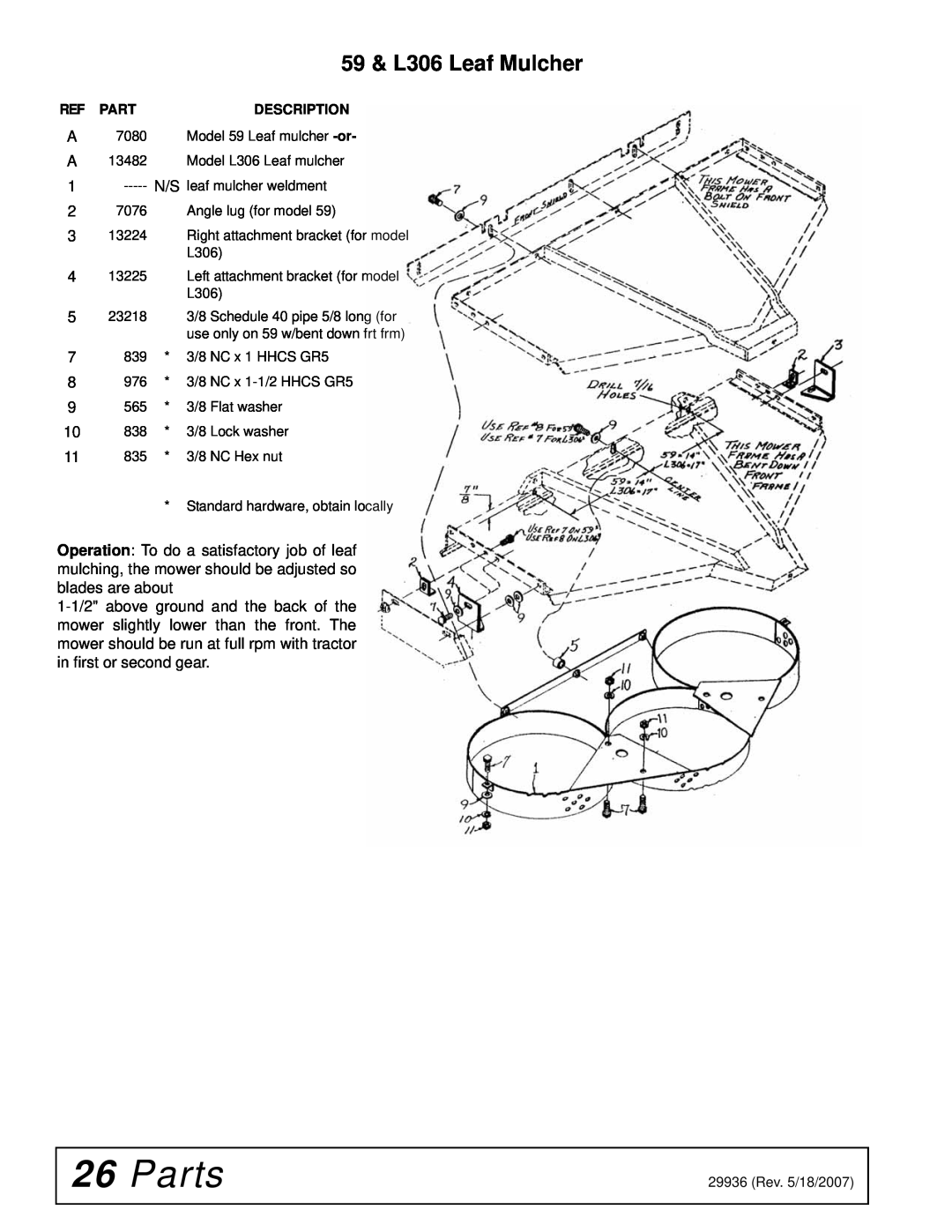 Woods Equipment L36, L59 manual Parts, 59 & L306 Leaf Mulcher 