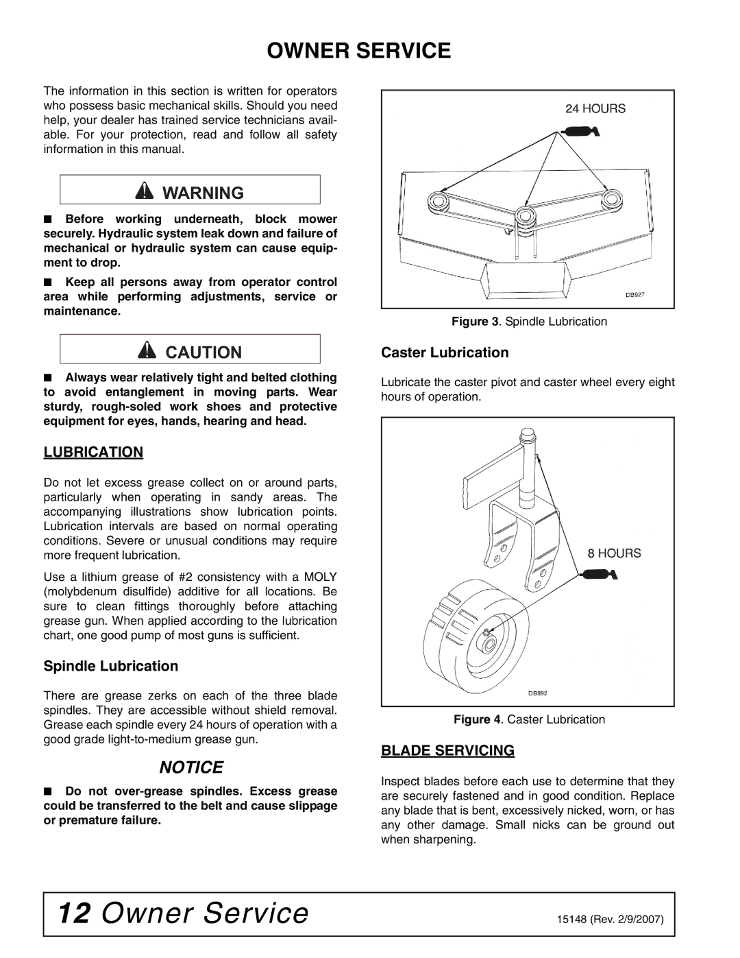 Woods Equipment L59A-3, L306A-3 manual Owner Service, Lubrication, Blade Servicing 