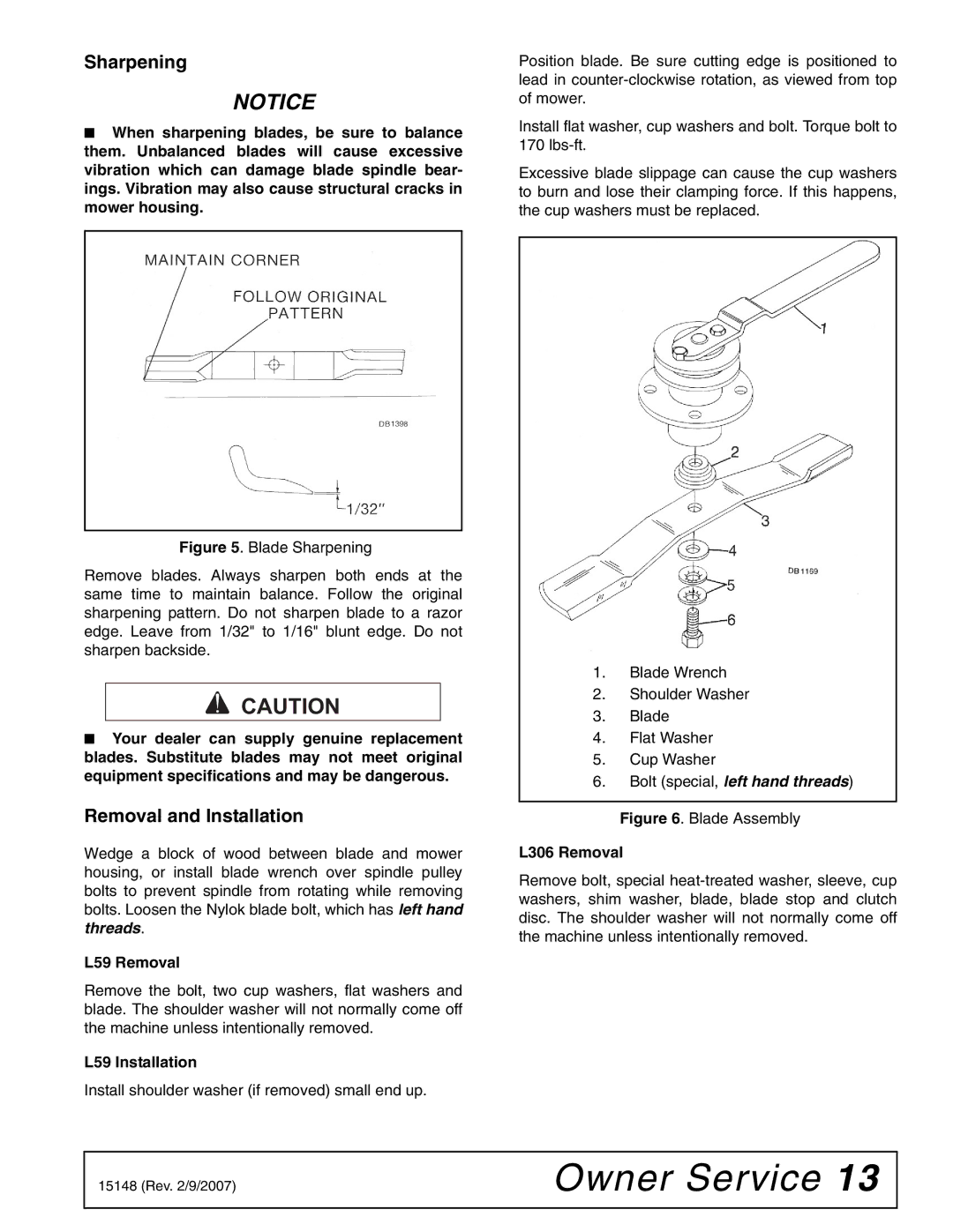 Woods Equipment L306A-3, L59A-3 manual Sharpening, Removal and Installation, L59 Removal, L59 Installation, L306 Removal 