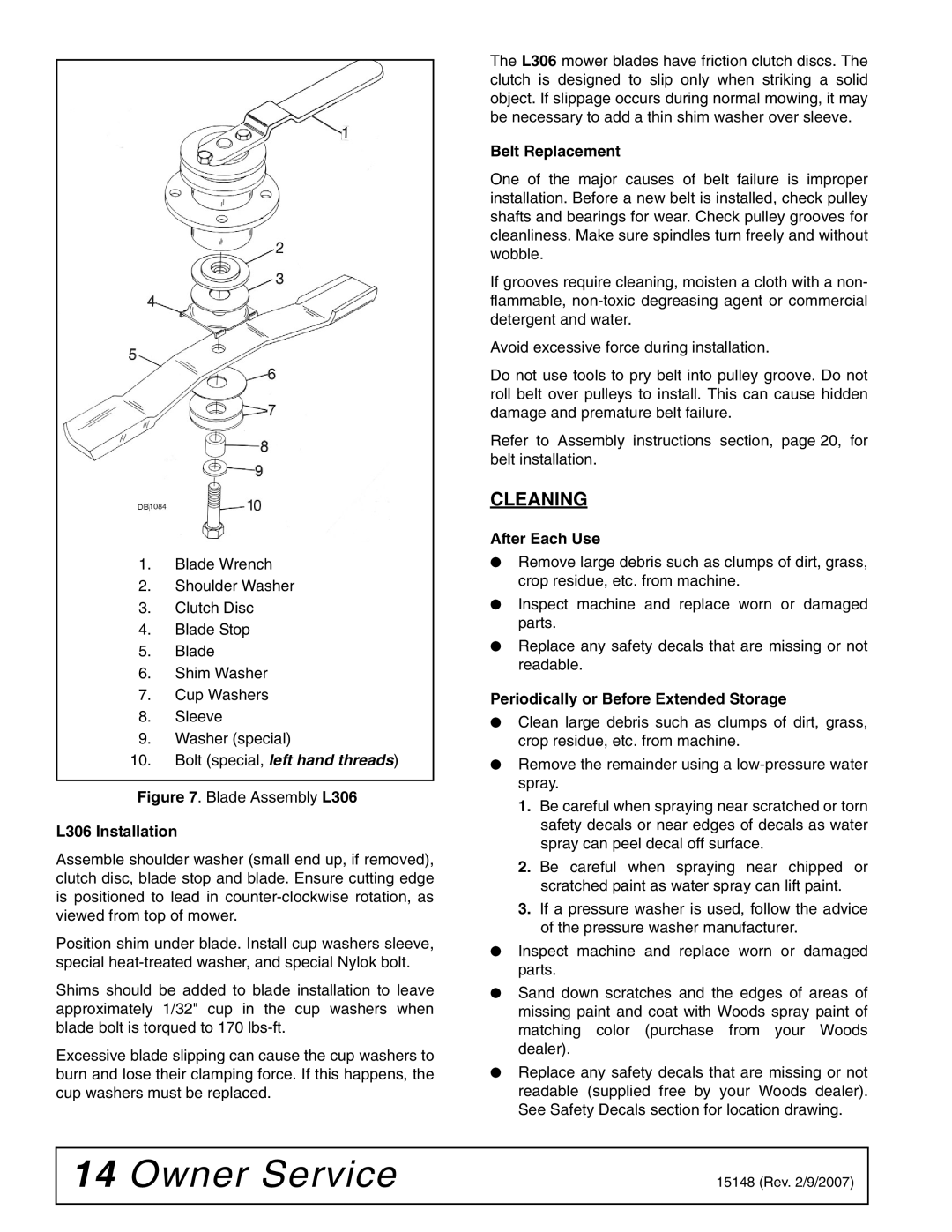 Woods Equipment L59A-3, L306A-3 manual Cleaning, L306 Installation, Belt Replacement, After Each Use 