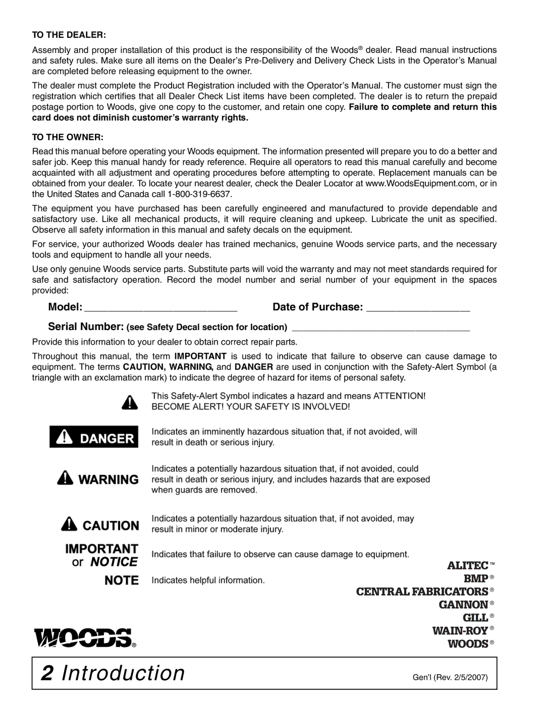 Woods Equipment L59A-3, L306A-3 manual Introduction, To the Dealer 