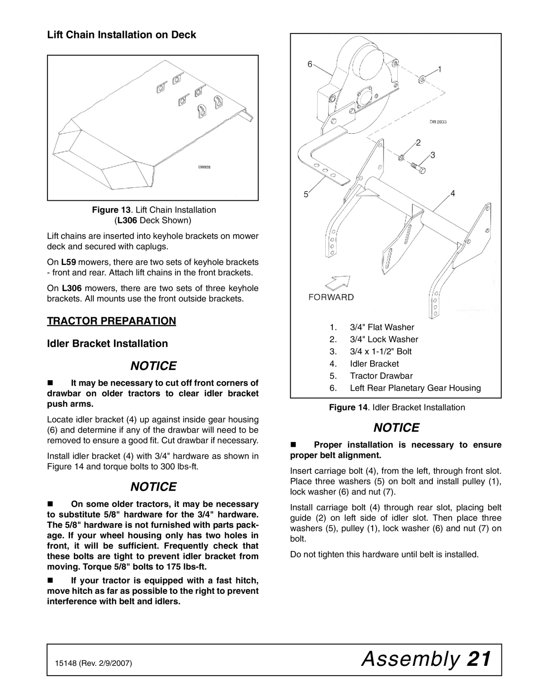 Woods Equipment L306A-3, L59A-3 manual Lift Chain Installation on Deck, Tractor Preparation, Idler Bracket Installation 