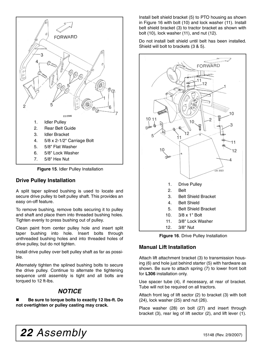 Woods Equipment L59A-3, L306A-3 manual Drive Pulley Installation, Manual Lift Installation 