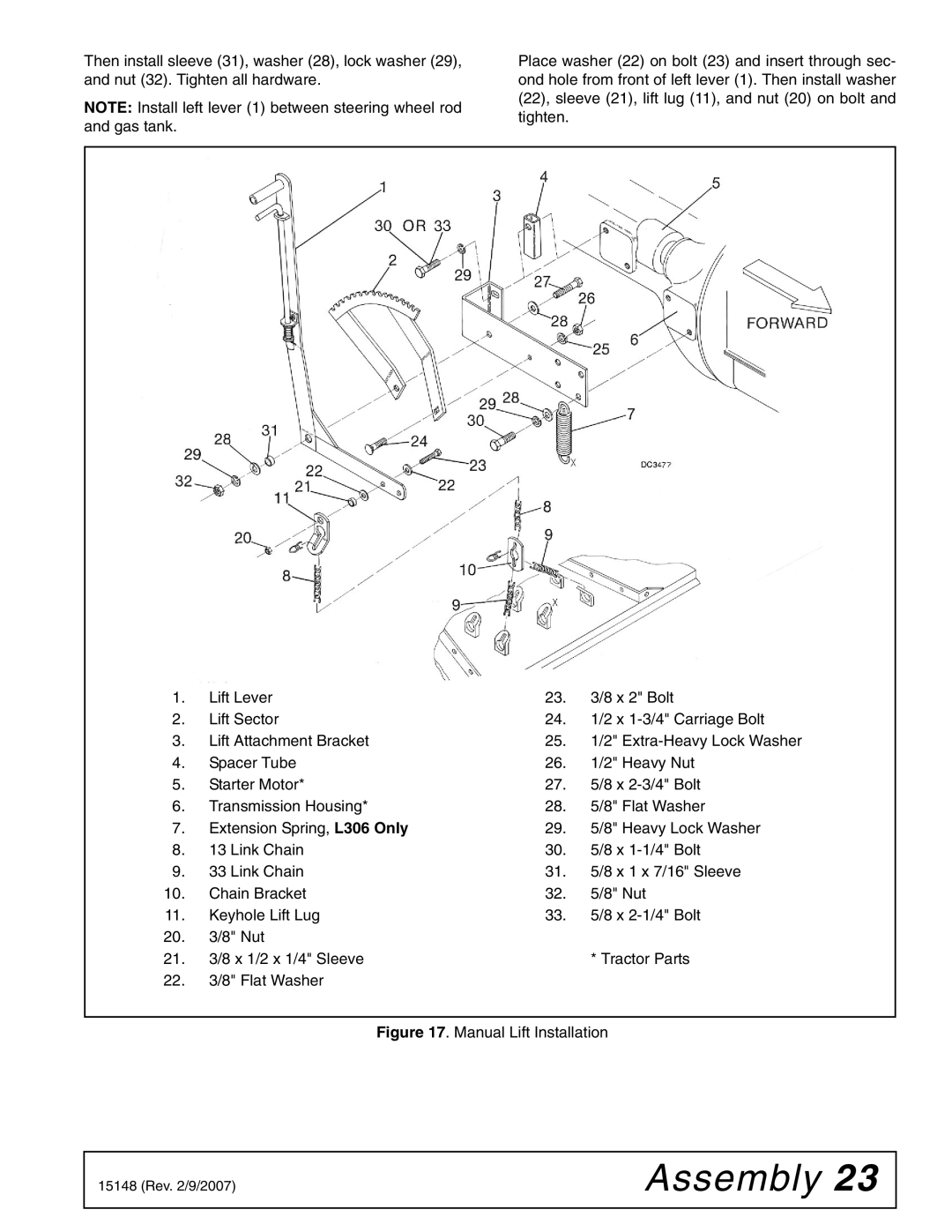 Woods Equipment L306A-3, L59A-3 manual Manual Lift Installation 