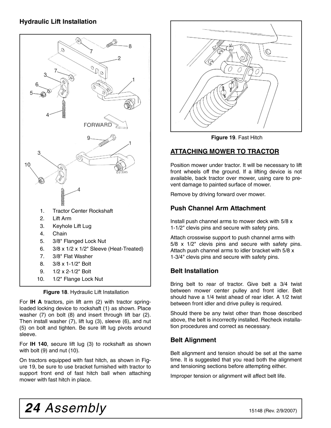 Woods Equipment L59A-3, L306A-3 manual Hydraulic Lift Installation, Attaching Mower to Tractor, Push Channel Arm Attachment 