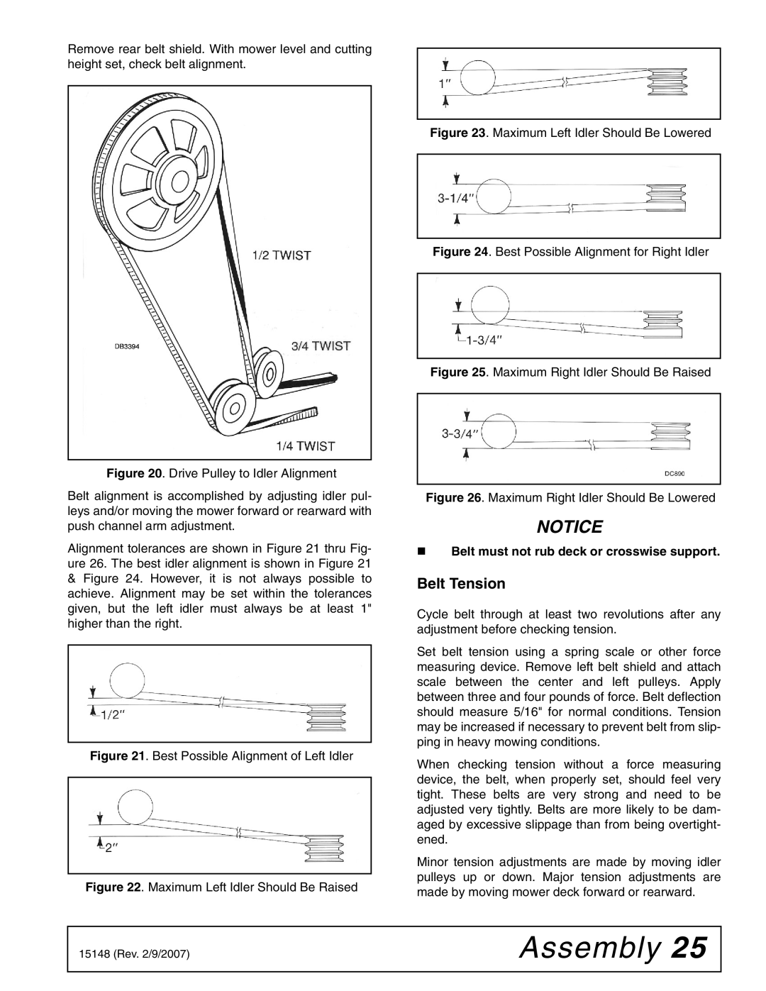 Woods Equipment L306A-3, L59A-3 manual Belt Tension, Belt must not rub deck or crosswise support 