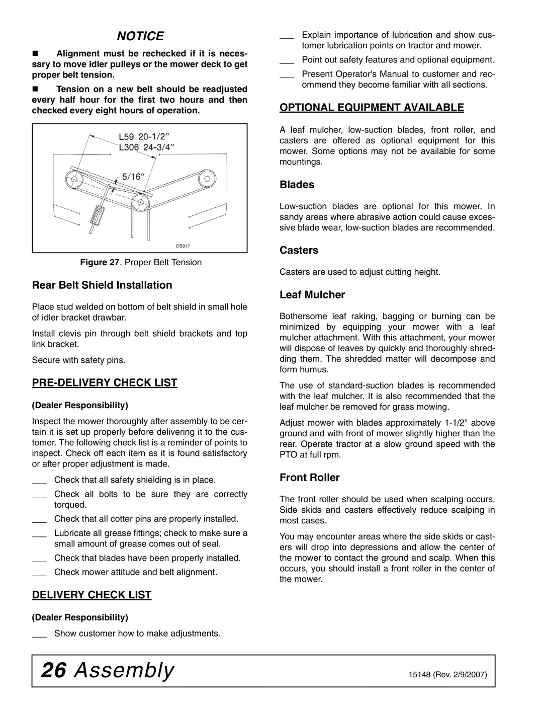 Woods Equipment L59A-3, L306A-3 manual PRE-DELIVERY Check List, Delivery Check List, Optional Equipment Available 