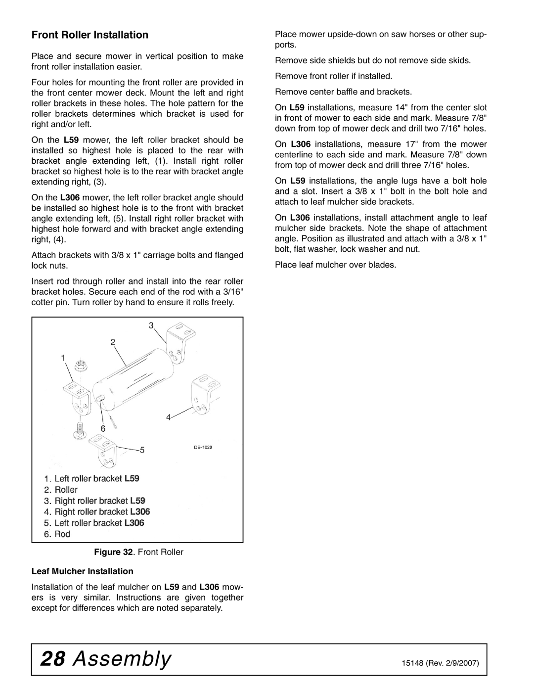 Woods Equipment L59A-3, L306A-3 manual Front Roller Installation, Leaf Mulcher Installation 