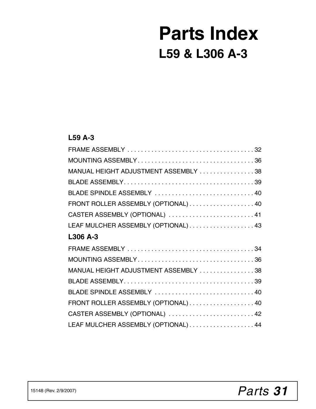 Woods Equipment L306A-3, L59A-3 manual Parts Index 