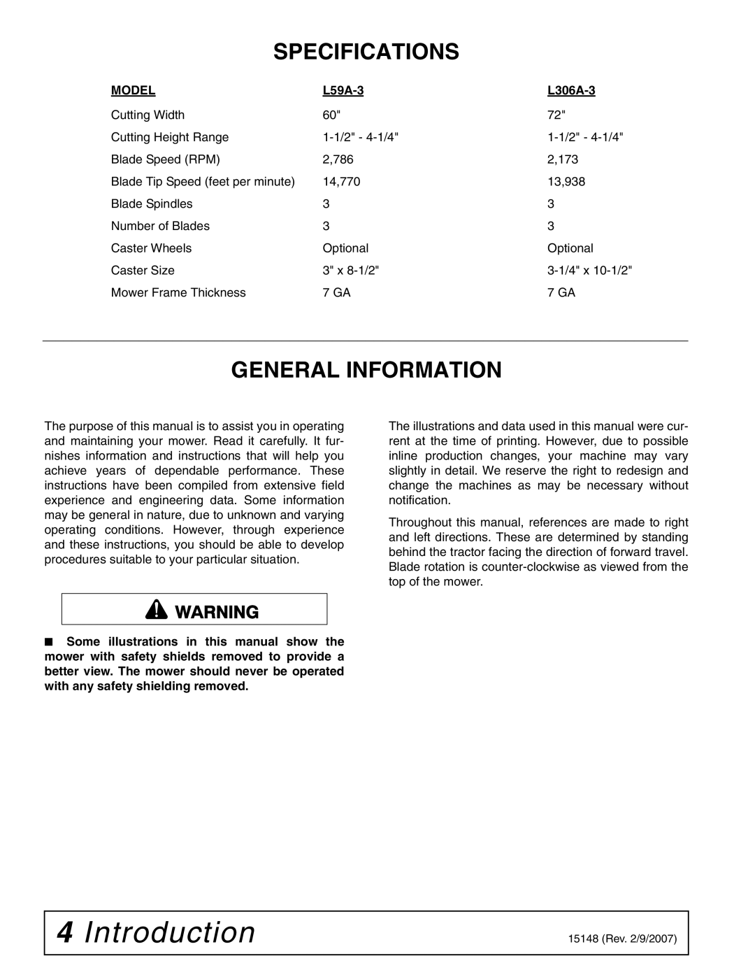 Woods Equipment manual Specifications, General Information, L59A-3 L306A-3 